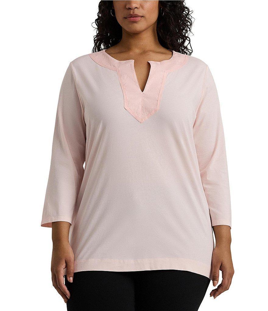 Lauren Ralph Lauren Plus Size Split Round Neck 3/4 Sleeve Woven Trim Knit Top Product Image