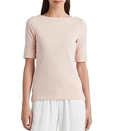 Lauren Ralph Lauren Stretch Cotton Blend Boat Neck Short Rolled Sleeve Shirt Product Image