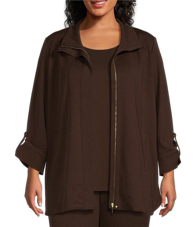 Ming Wang Plus Size Deco Crepe 3/4 Sleeve Zip Front Jacket Product Image