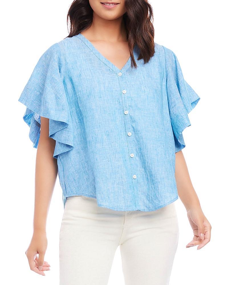 Karen Kane Flutter Sleeve Linen Top in Blue at Nordstrom, Size Medium Product Image