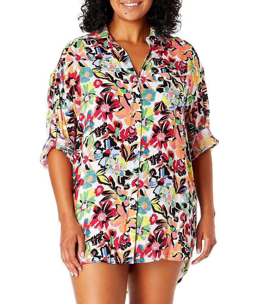 Anne Cole Plus Size Sun Blossom Floral Print Point Collar Neck Button Front Swim Cover-Up Boyfriend Shirt Product Image