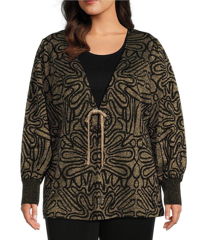 Ming Wang Plus Size Lurex Knit Metallic Swirl Long Balloon Sleeve Jacket product image