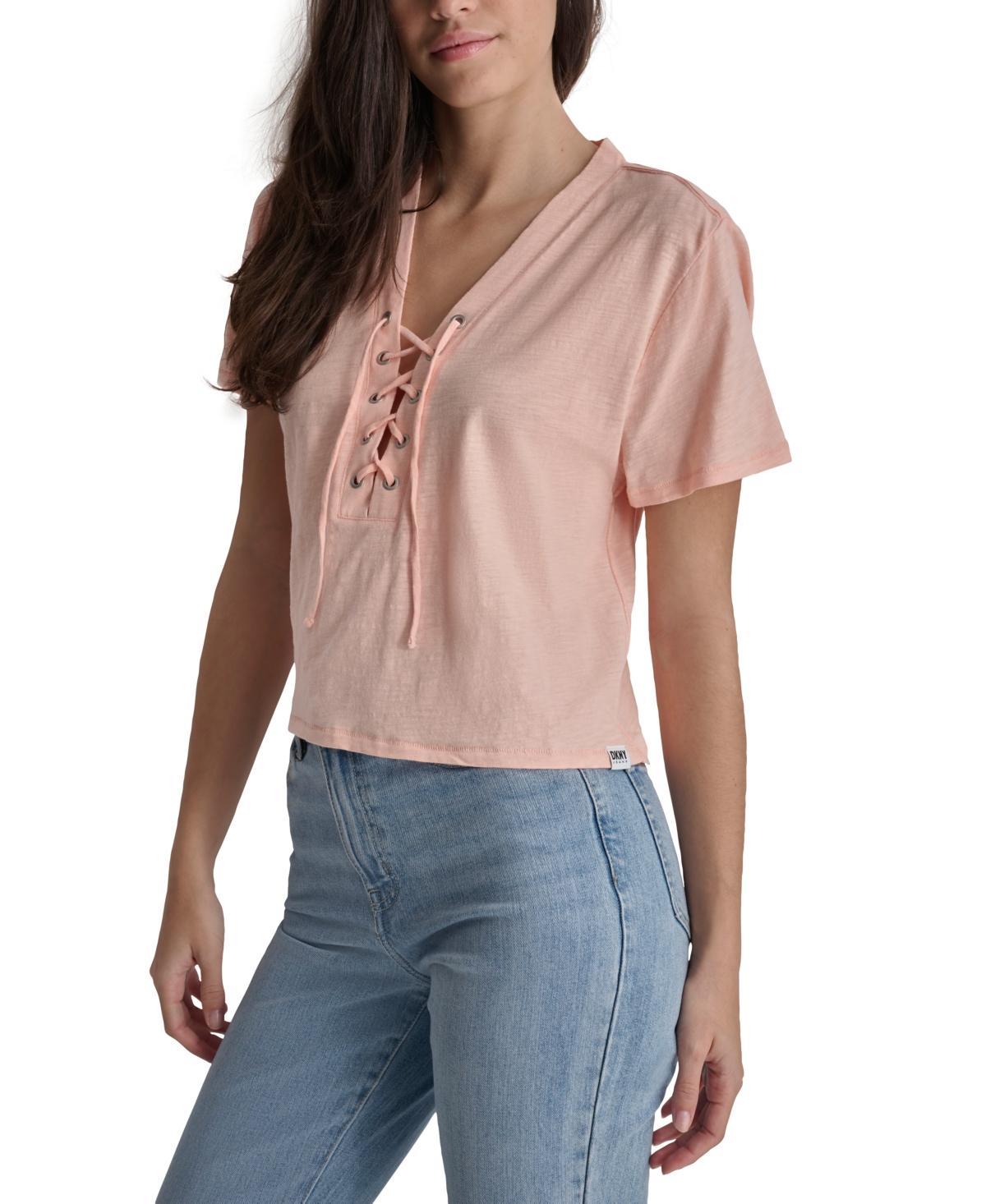 Dkny Jeans Womens Lace-Up V-Neck Short-Sleeve Tee Product Image