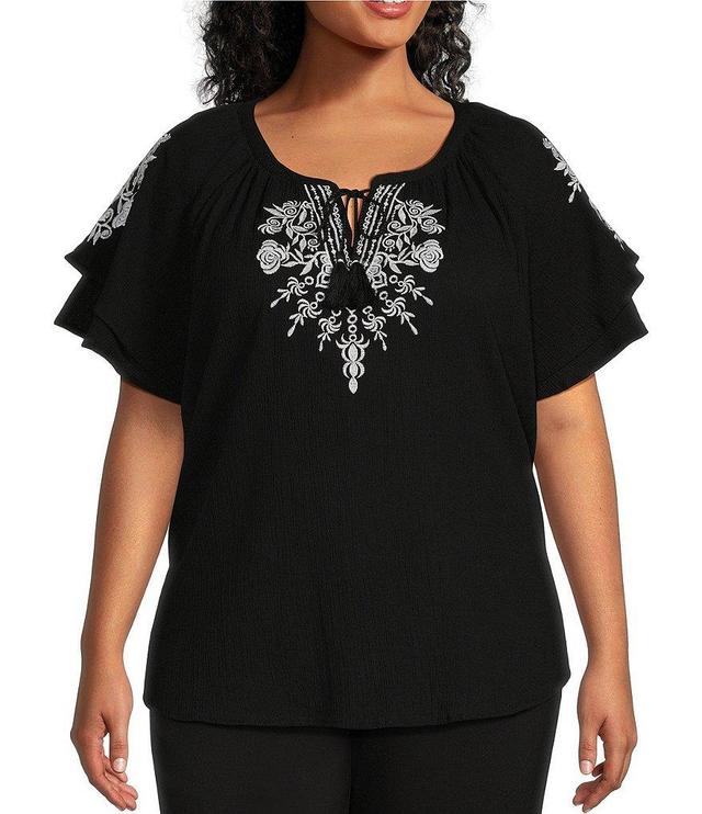 Allison Daley Plus Size Floral Embroidered Flutter Sleeve Tie Neck Blouse Product Image