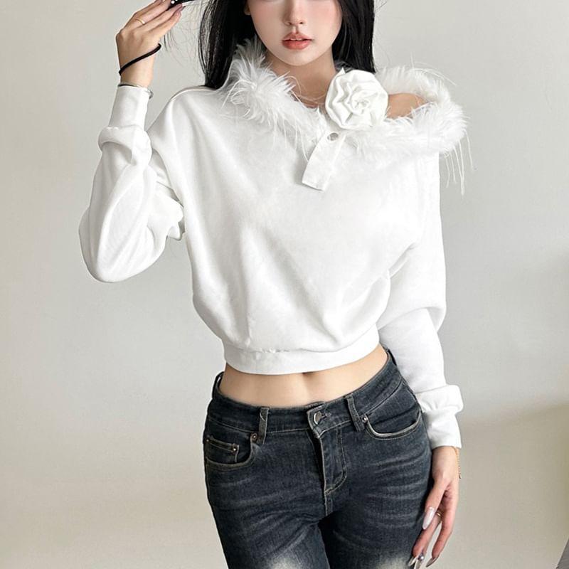 Long-Sleeve Off Shoulder Faux Fur Plain Crop Top Product Image