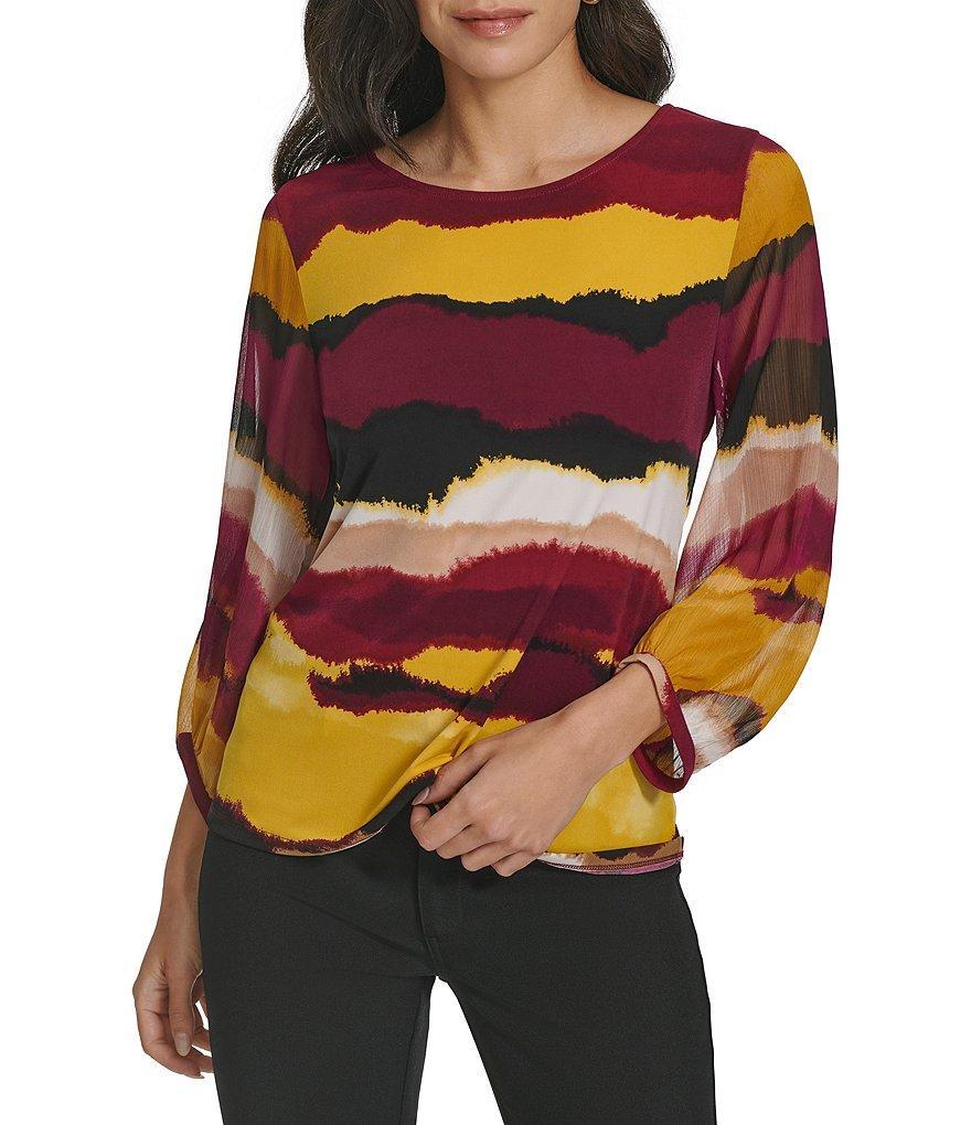 Calvin Klein Stretch Printed Crew Neckline Long Sleeve Blouse Product Image