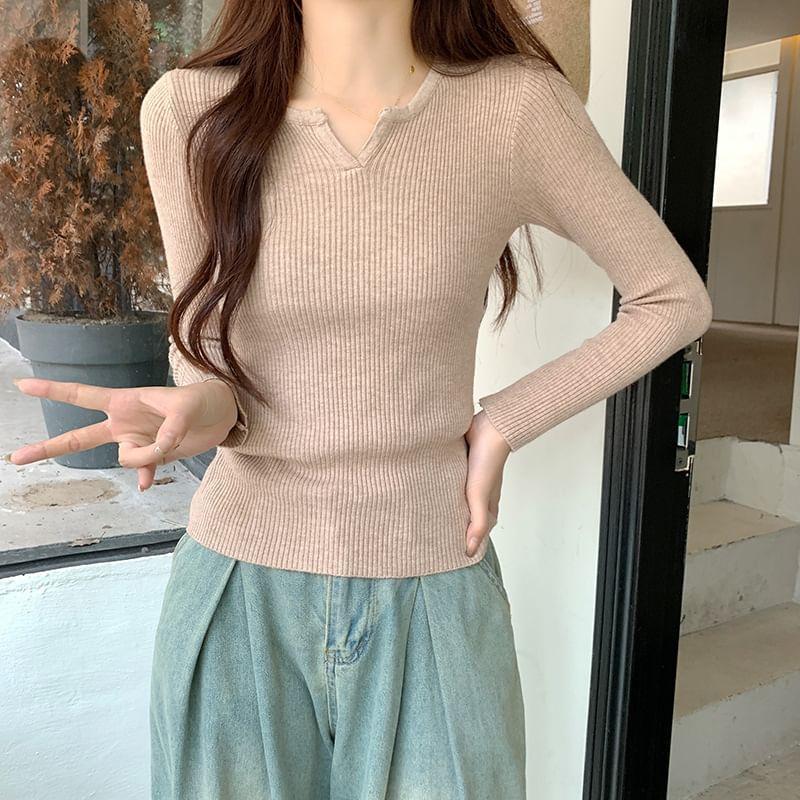 Notch Neck Plain Ribbed Sweater Product Image