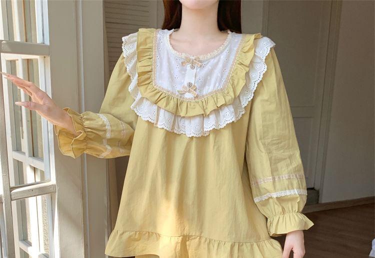 Pajama Set: Long-Sleeve Eyelet Lace Panel Ruffled Shirt + Pants Product Image