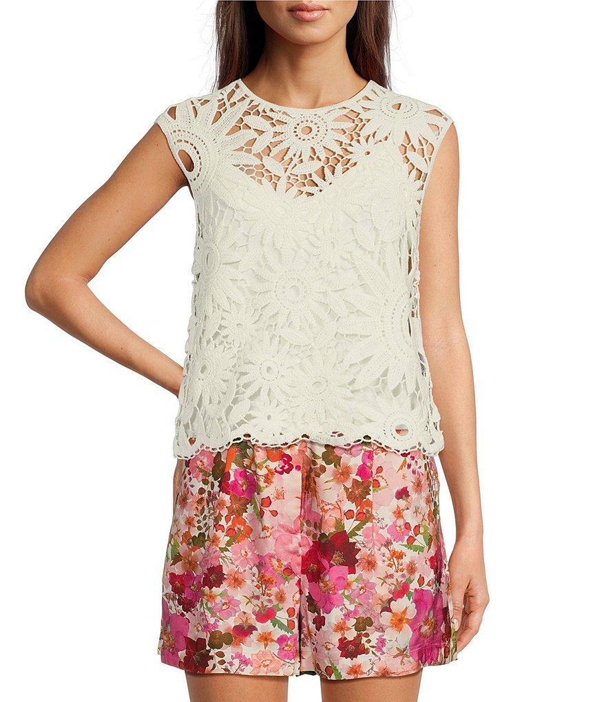 Ted Baker London Katrynn Floral Crochet Knit Round Neck Scalloped Hem Cap Sleeve Top Product Image