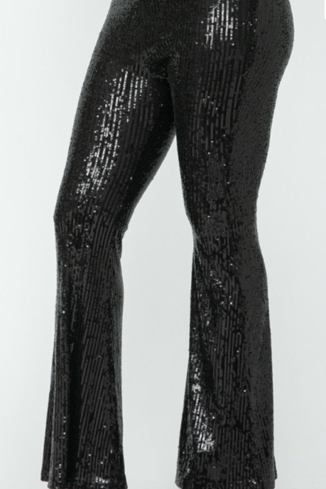 Sequin Bell Bottom Pants - Black Female Product Image