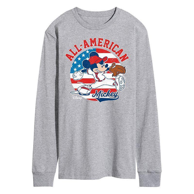 Disneys Mickey Mouse Mens Americana Baseball Long Sleeve Graphic Tee Med Grey Product Image