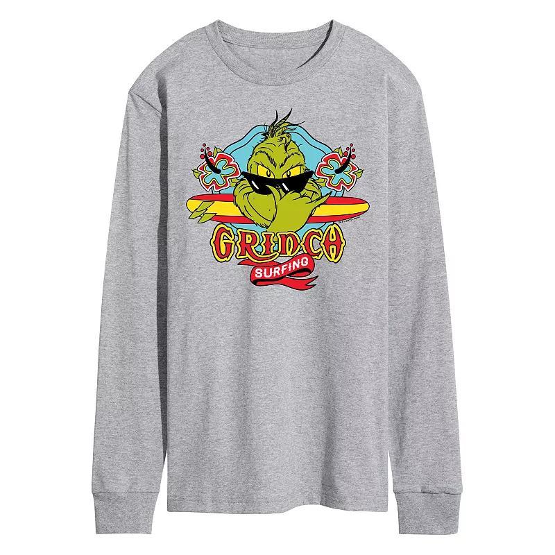 Mens Dr. Seuss The Grinch Surfing Long Sleeve Graphic Tee Grey Gray Product Image