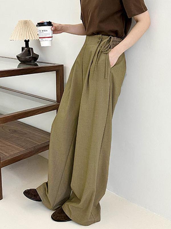 High Waisted Loose Lace-Up Pleated Solid Color Split-Joint Suit Pants Trousers Product Image