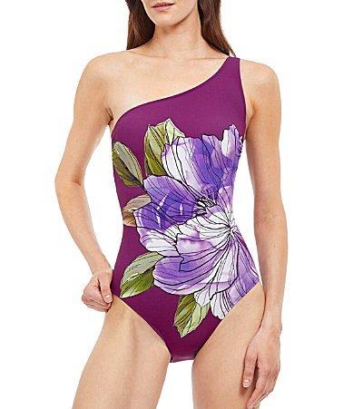 Womens Wild Flower One-Shoulder One-Piece Swimsuit Product Image