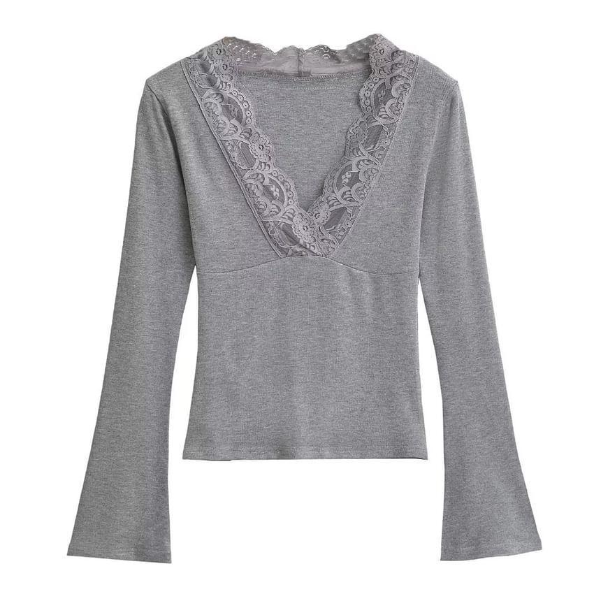 Long-Sleeve V-Neck Lace Trim Plain Top Product Image