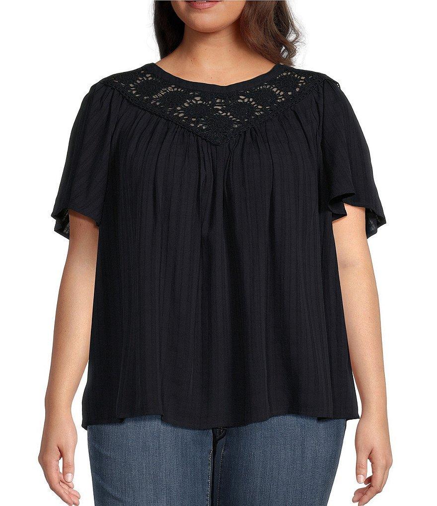 Jessica Simpson Plus Size Eloise Lace V Yoke Round Neck Bell Sleeve Blouse Product Image