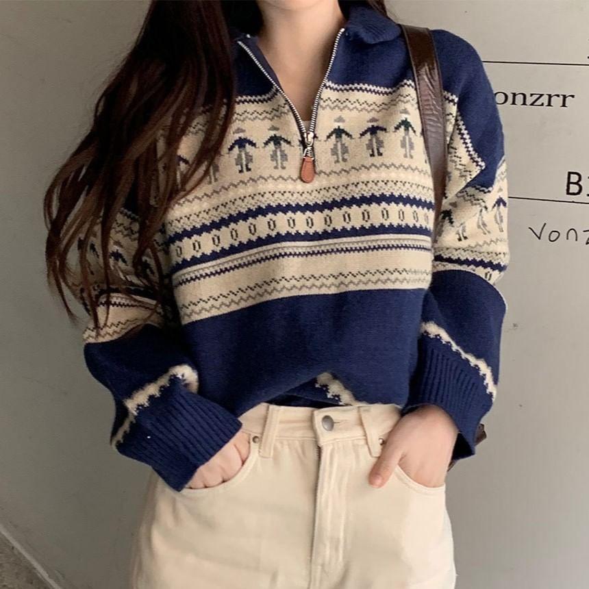 Collared Patterned Half-Zip Sweater Product Image