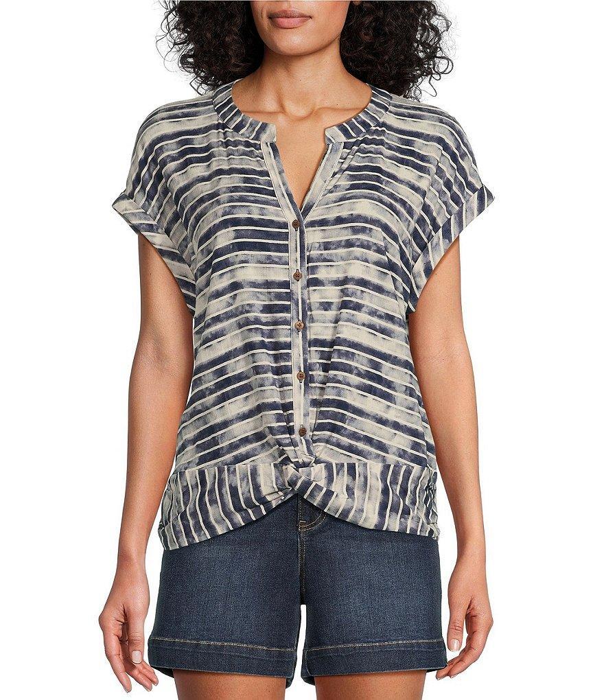 Westbound Knit Nimbus Stripe Short Sleeve Y-Neck Button Front Twist Detail Top Product Image