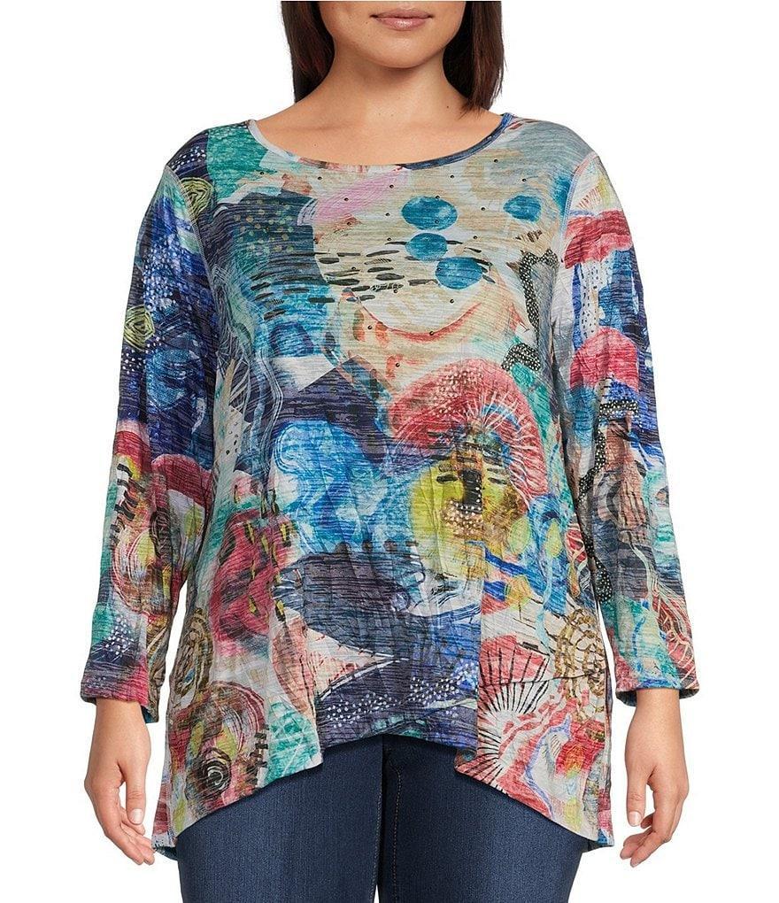 Ali Miles Plus Size Crinkle Burnout Knit Embellished Round Neck Long Sleeve Hi-Low Hem Tunic Product Image