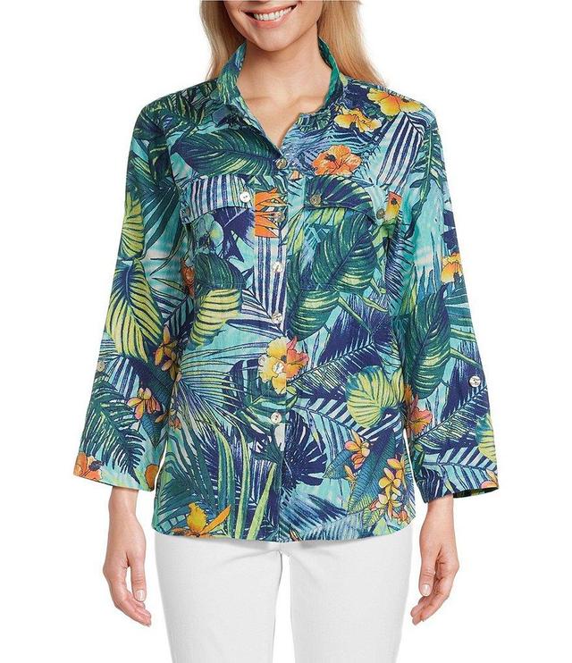 John Mark Woven Tropical Print Wire Collar 3/4 Roll-Tab Sleeve Hi-Low Hem Button-Front Tunic Product Image