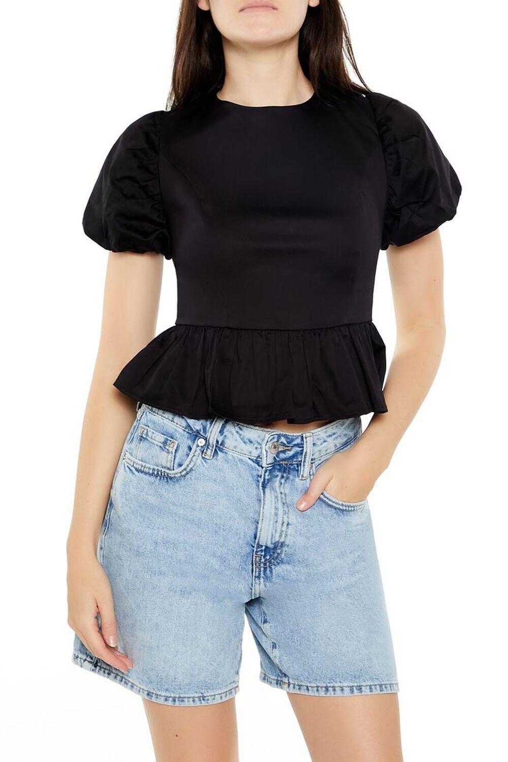 Peplum Puff-Sleeve Lace-Up Top | Forever 21 product image