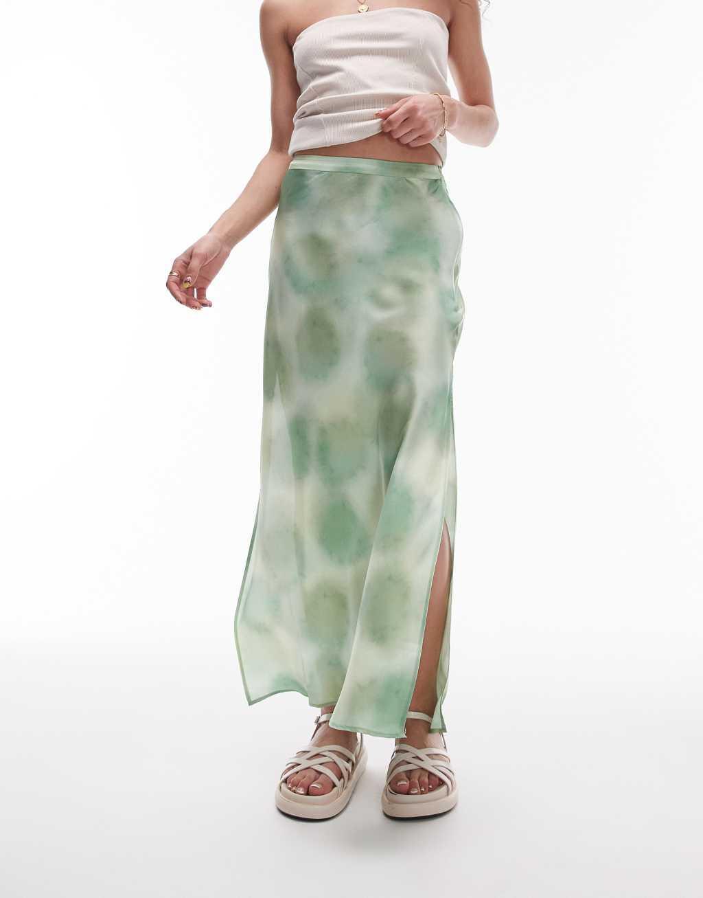 Topshop satin tie dye bias cut skirt in green Product Image