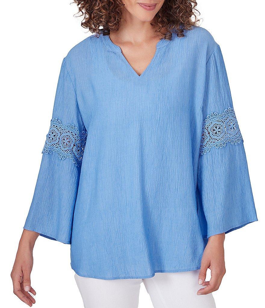 Ruby Rd. Solid Split V-Neck 3/4 Lace Inset Bell Sleeve Top Product Image