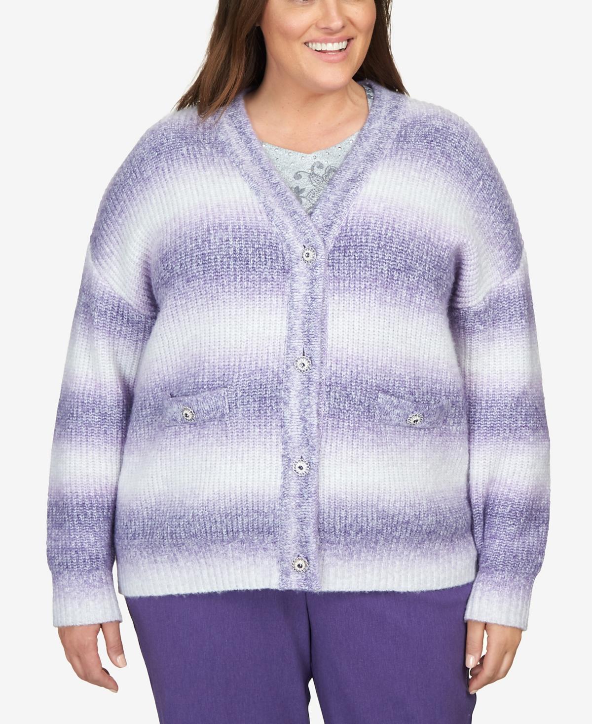 Alfred Dunner Plus Size Point of View Ombre Cardigan with Flower Buttons Sweater Product Image