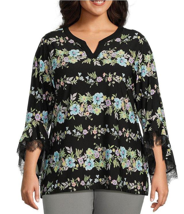 Allison Daley Plus Size Floral Stripe Lace Detail 3/4 Ruffle Sleeve Split V-Neck Knit Top Product Image