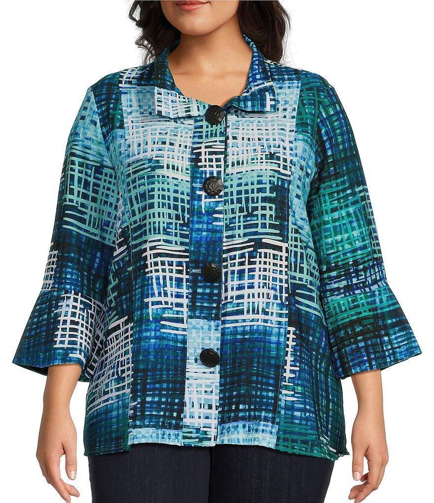 Ali Miles Plus Size Knit Mesh Abstract Print Stand Collar 3/4 Sleeve Button-Front Jacket Product Image