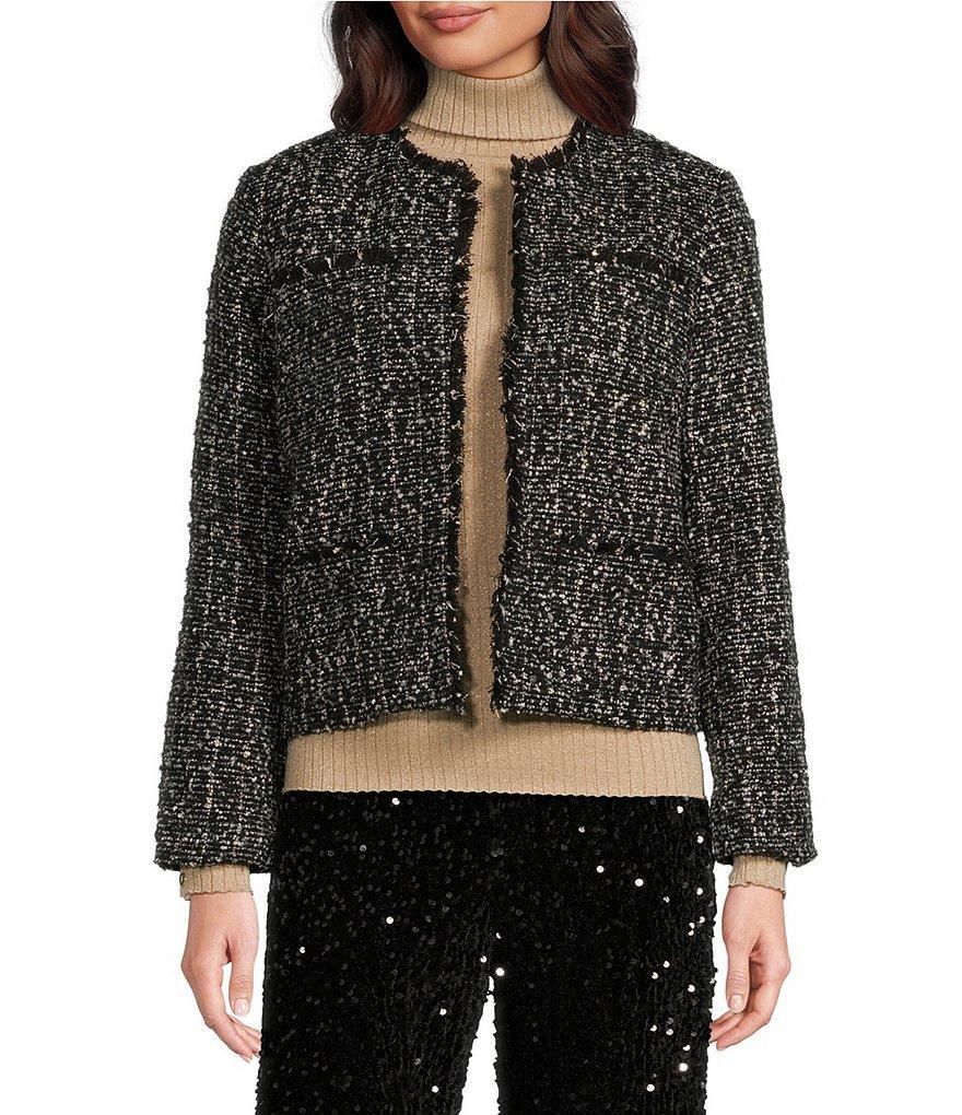 J.McLaughlin Martha Wool Blend Boucle Tweed Round Neck Long Sleeve Fringe Trim Jacket Product Image