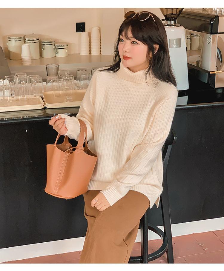 Turtleneck Plain Slit Ribbed Sweater Product Image