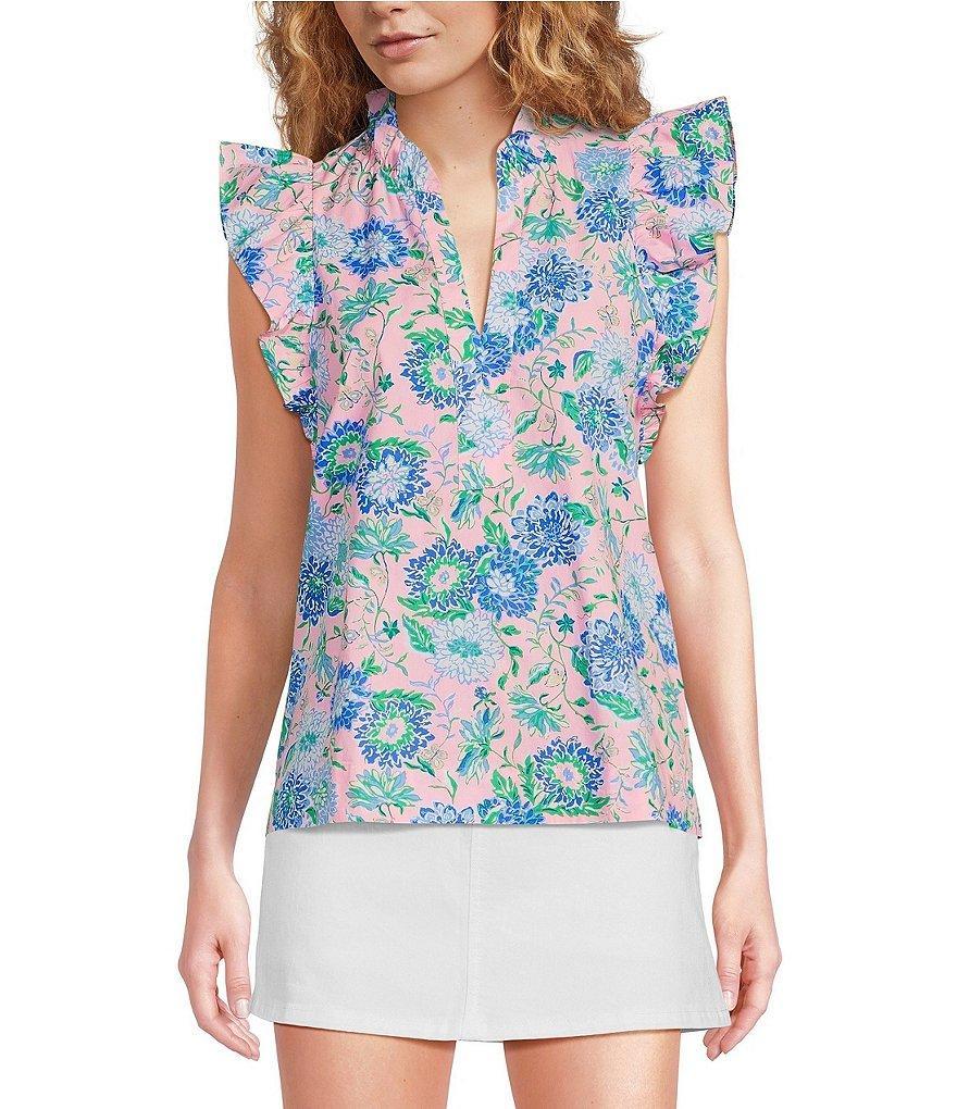 Lilly Pulitzer Klaudie Woven Floral Print V-Neck Cap Sleeve Ruffle Trim Top Product Image