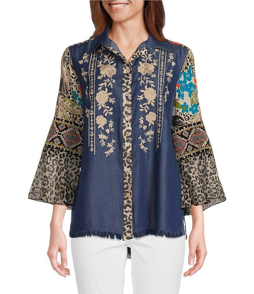 John Mark Petite Size Woven Mixed Animal Print Point Collar 3/4 Flounce Sleeve Curved Hem Button Front Tunic Product Image