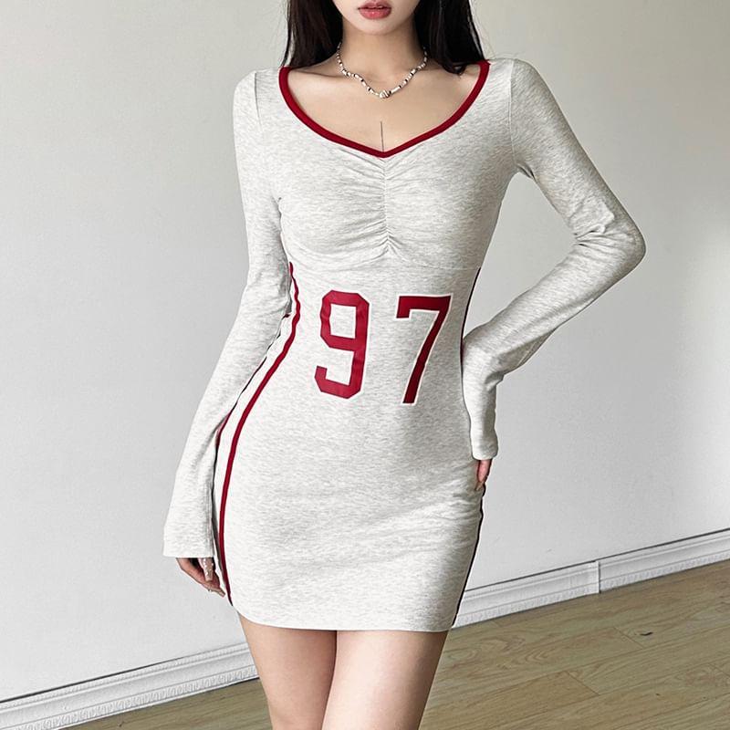 Long-Sleeve Off-Shoulder Number Print Striped Mini Sheath Dress Product Image