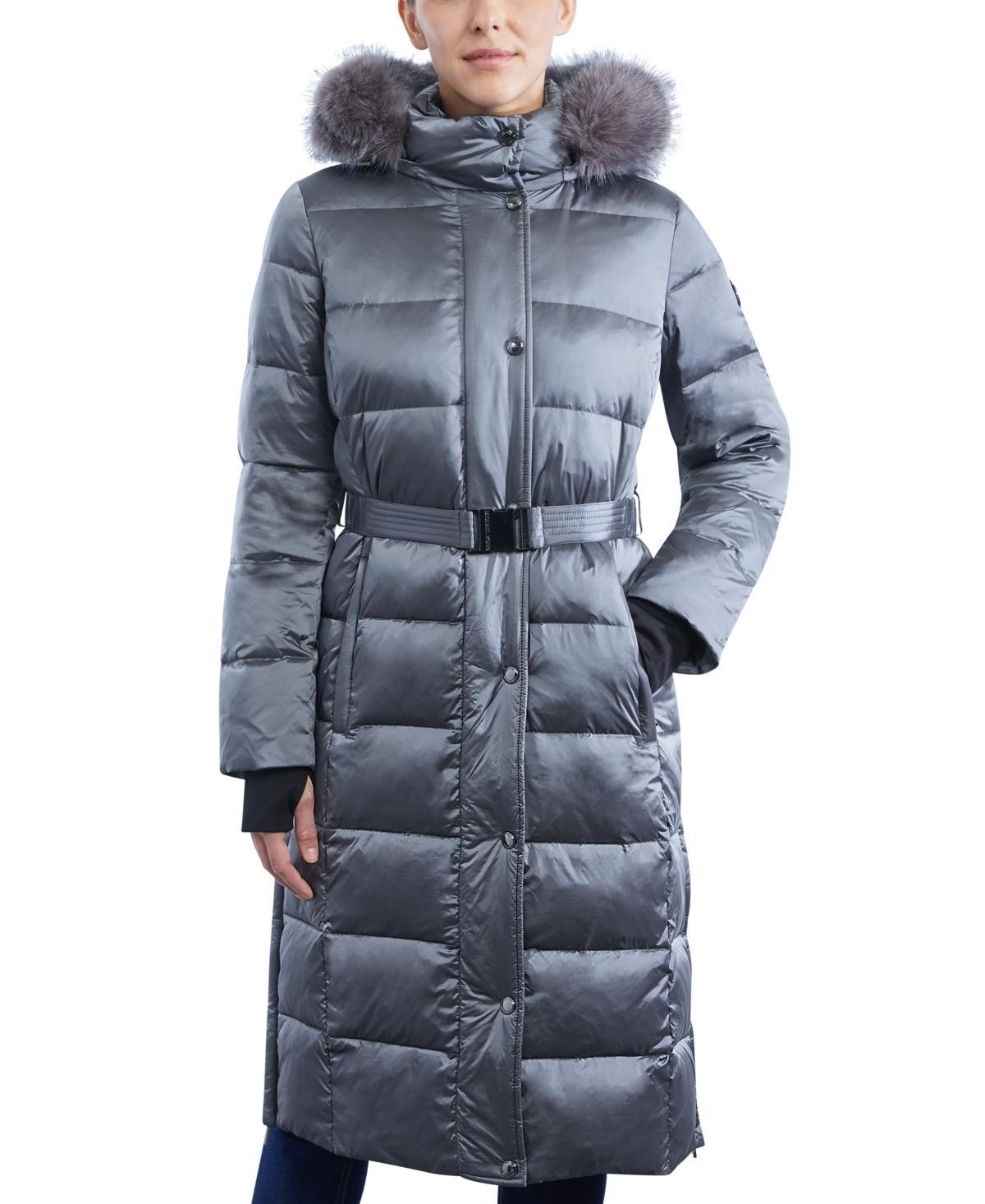 Michael Michael Kors Womens Shine Belted Faux-Fur-Trim Hooded Puffer Coat Product Image