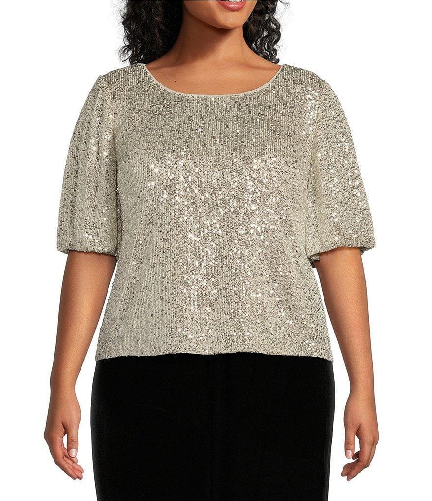 Alex Evenings Plus Size Elbow Sleeve Scoop Neck Sequin Blouse Product Image