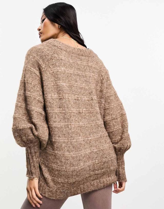 Only v neck balloon sleeve textured sweater in brown  Product Image