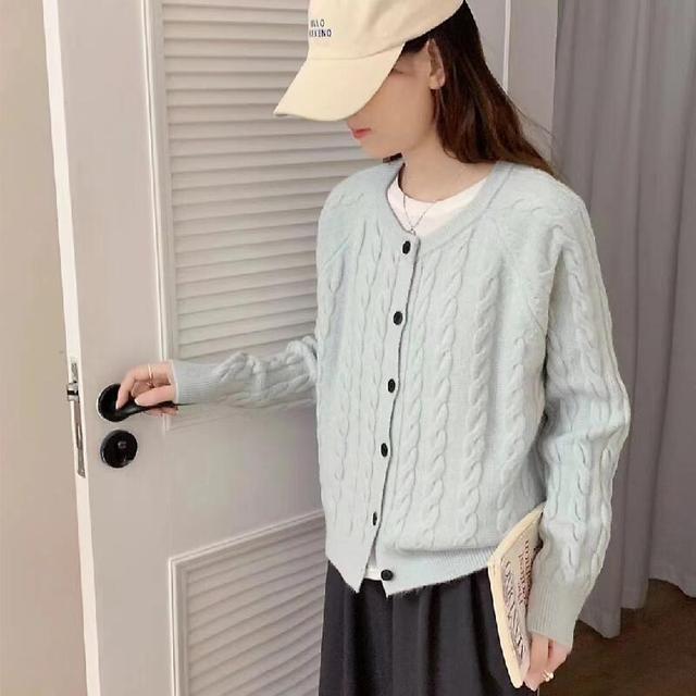 Round Neck Cable Knit Cardigan Product Image