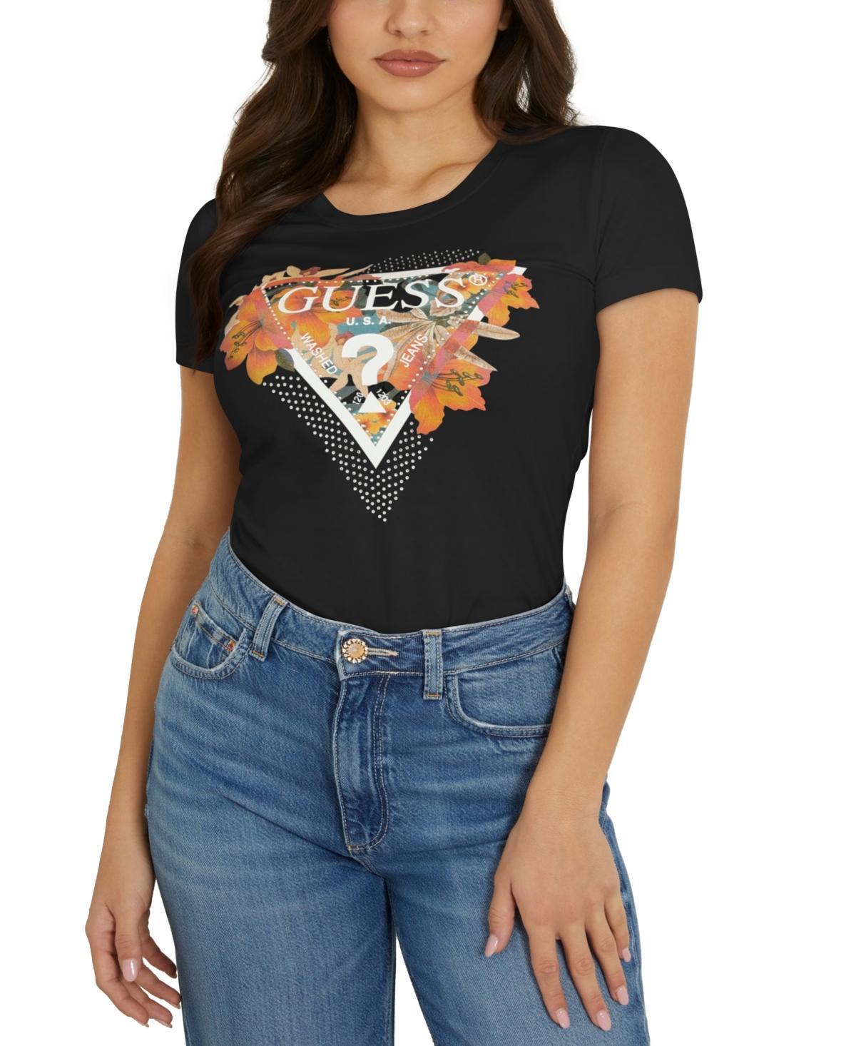 Guess Womens Tropical Triangle Cotton Embellished T-Shirt Product Image