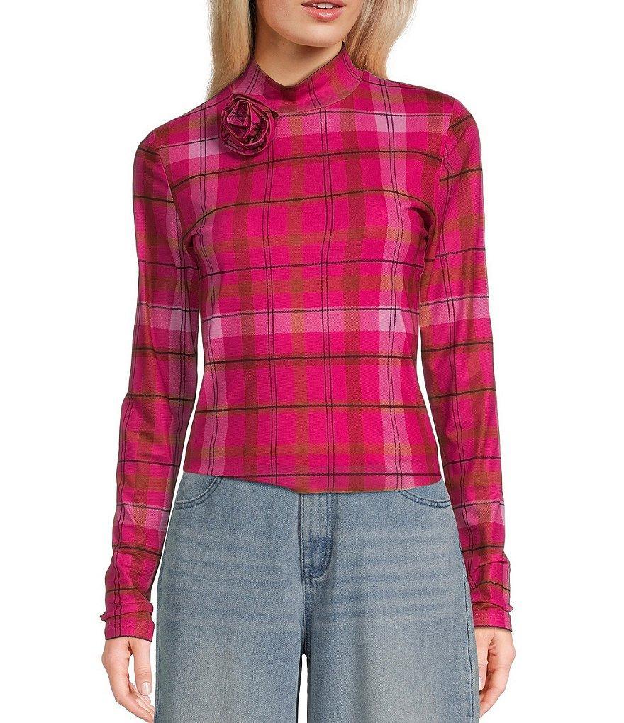 C&v Chelsea & Violet Rosette Plaid Mesh Top Product Image