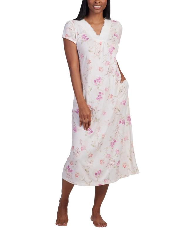 Miss Elaine Womens Floral Cap-Sleeve Lace-Trim Nightgown Product Image