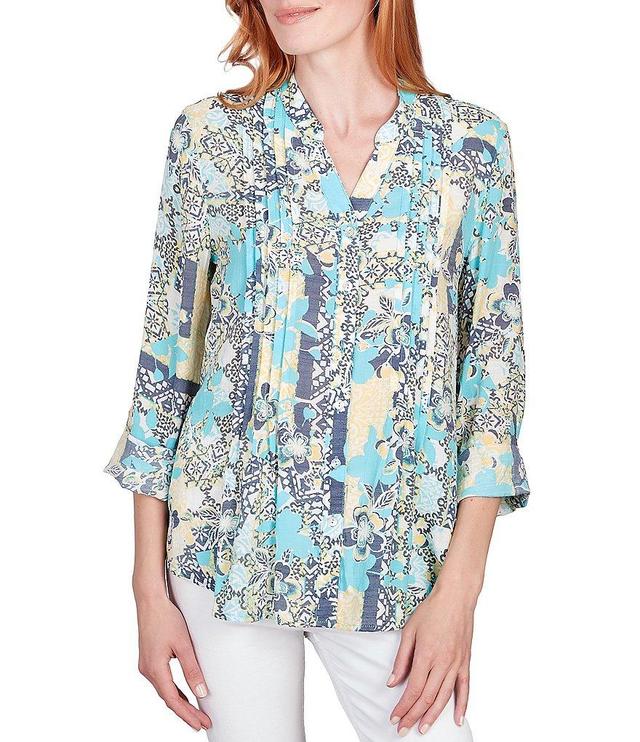 Ruby Rd. Petite Size Tropical Mixed Print Band Notch V-Neck Roll-Tab Sleeve Pleat Button-Front Shirt Product Image