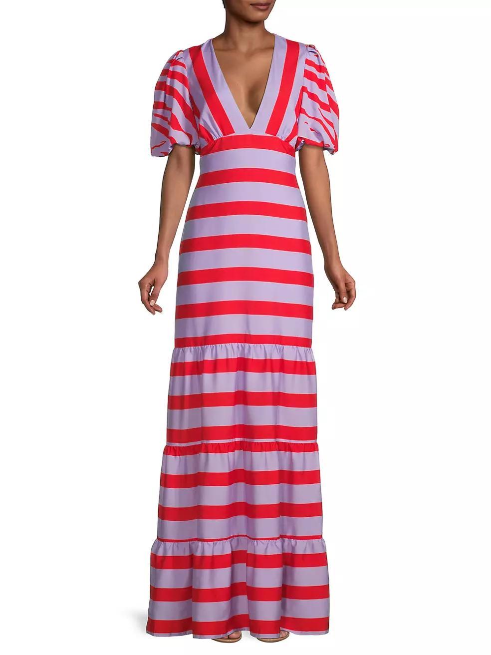 Tiered Stripe V-Neck Maxi Dress Product Image