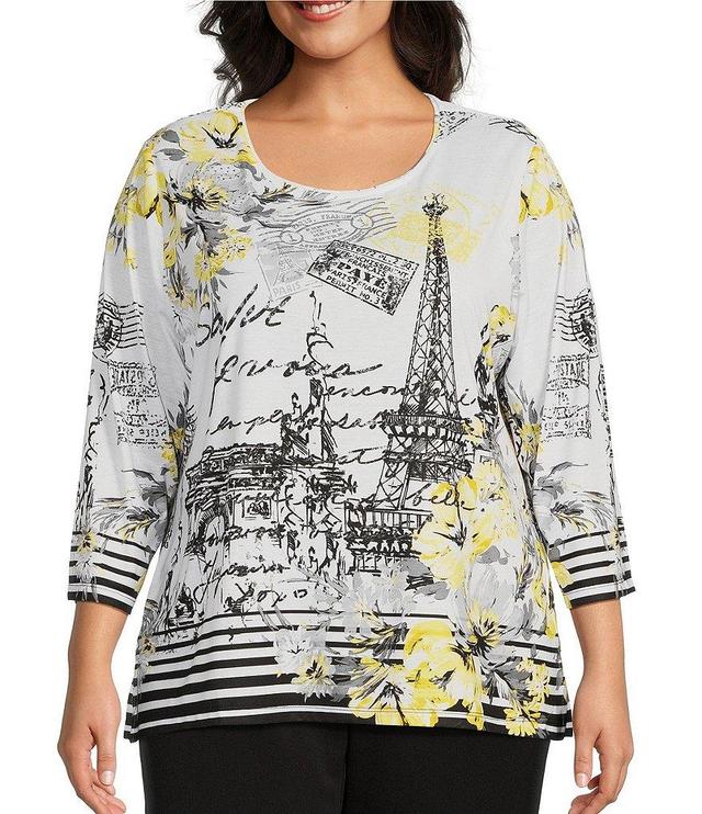 Allison Daley Plus Size Parisian Print 3/4 Sleeves Crew Neck Embellished Knit Top Product Image