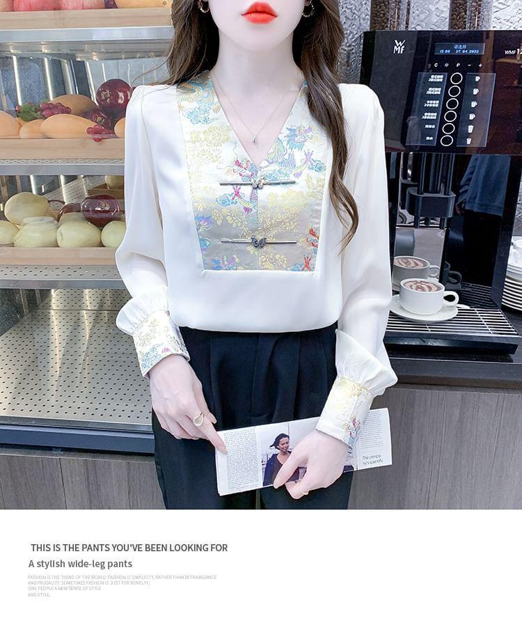 Puff-Sleeve V-Neck Embroidered Blouse Product Image