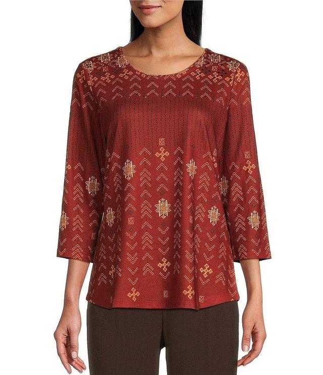 Allison Daley Embellished Folk Stitch Spice Print 3/4 Sleeve Crew Neck Knit Top Product Image