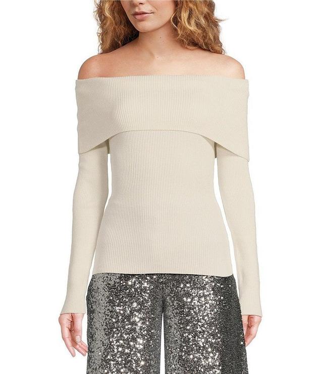 Alex Marie Whitney Ribbed Knit Folded Off-the-Shoulder Long Sleeve Sweater Product Image