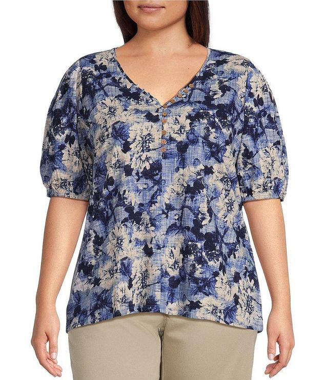 Intro Plus Size Cornflower Blue Floral Print V-Neck Short Puffed Sleeve Half Button Front Cotton Slub Jersey Knit Shirt Product Image