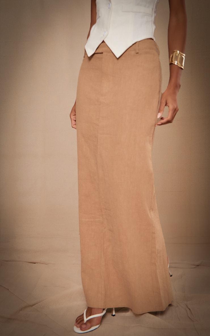 Premium Beige Linen Split Back Detail Maxi Skirt  Product Image